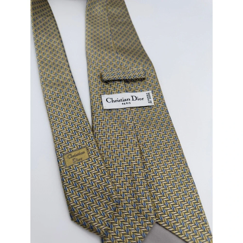 Christian Dior Paris Mens Silk Tie Gold Blue Geometric Chevron Made in France